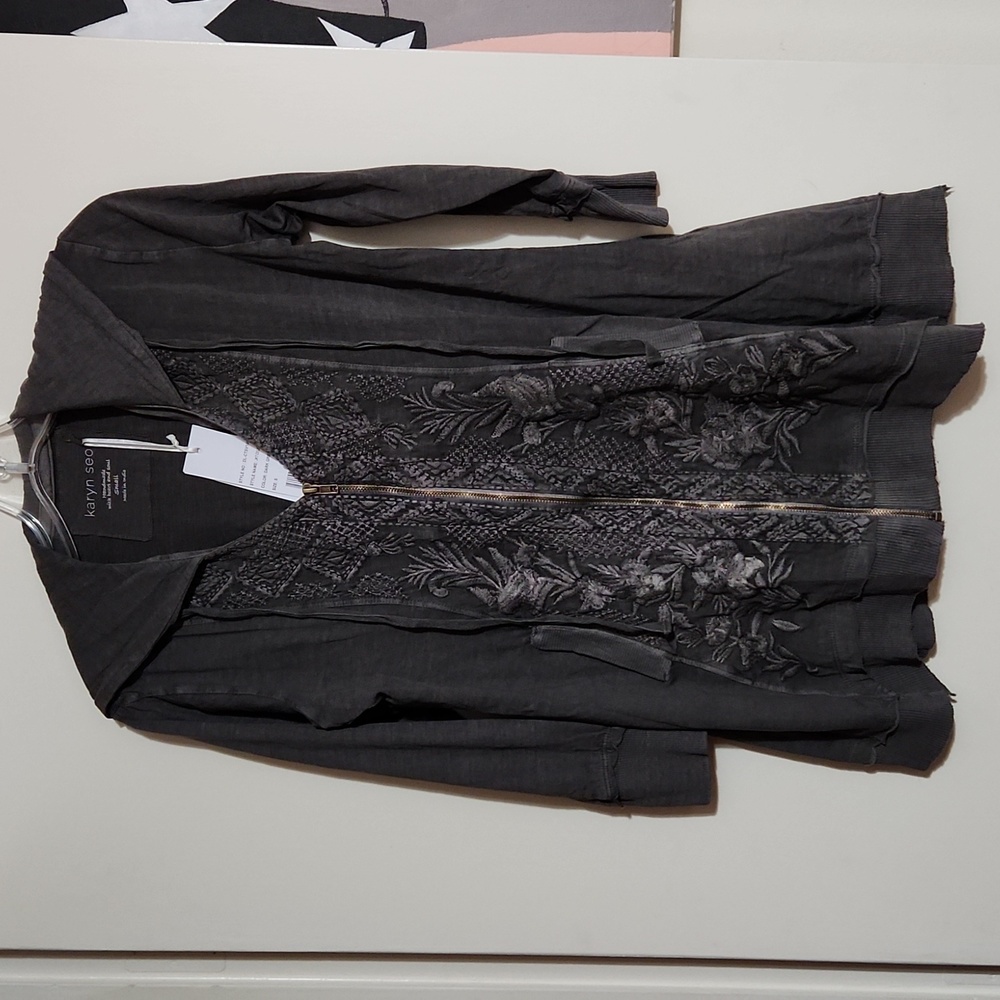 Karyn Seo Woman Dk Grey Embroidered Jersey Hoodie Jacket Small NWT